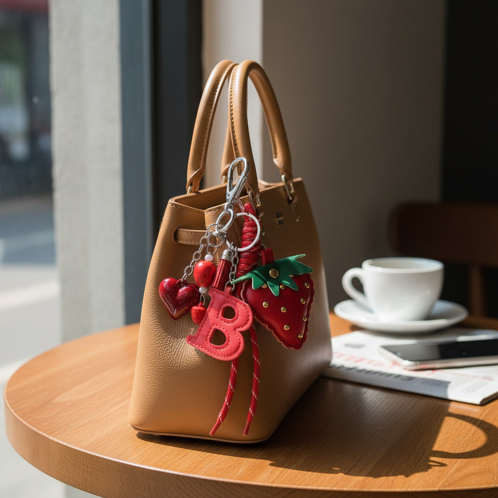 量大价优现货红色草莓包挂金属动物狗编织绳钥匙链钥匙扣包挂