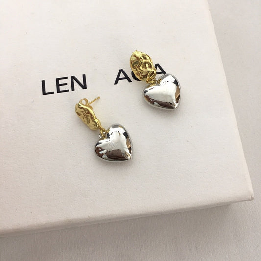 B家21新款爱心耳坠女不规则凹凸耳钉高级感气质光面撞色心形耳环