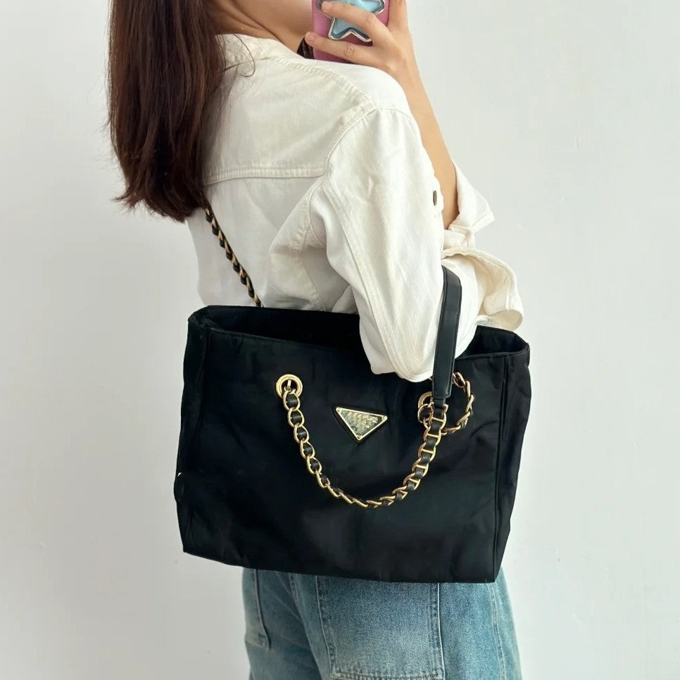 中古尼龙布P家菱格链条腋下包百搭单肩大容量托特包女包批发代发