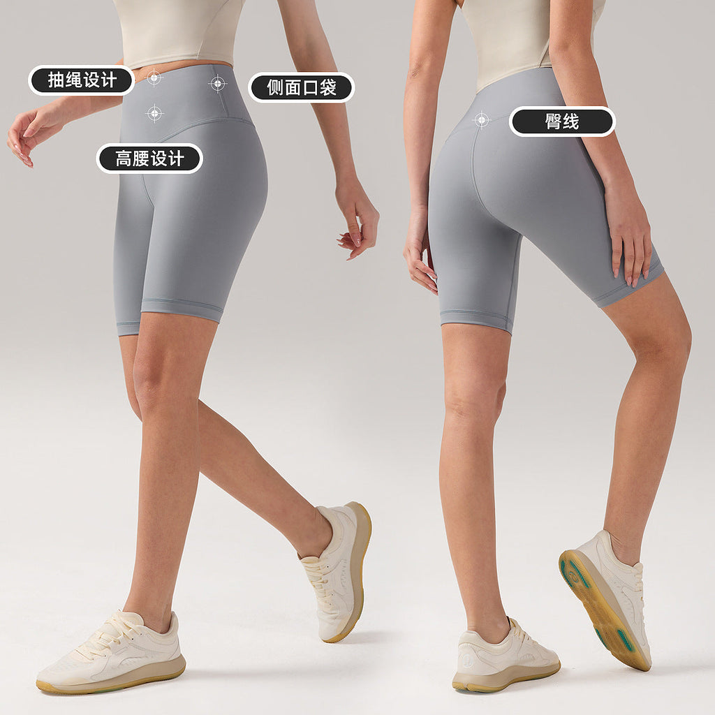 裸感瑜伽五分裤lulu女士运动高腰紧身短裤芯吸8"磨毛提臀骑行裤