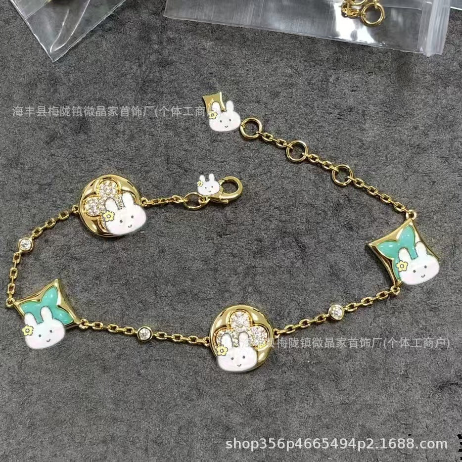 高版驴家老花白贝母手链菱形贝母天河石项链S925银镀18K玫瑰金