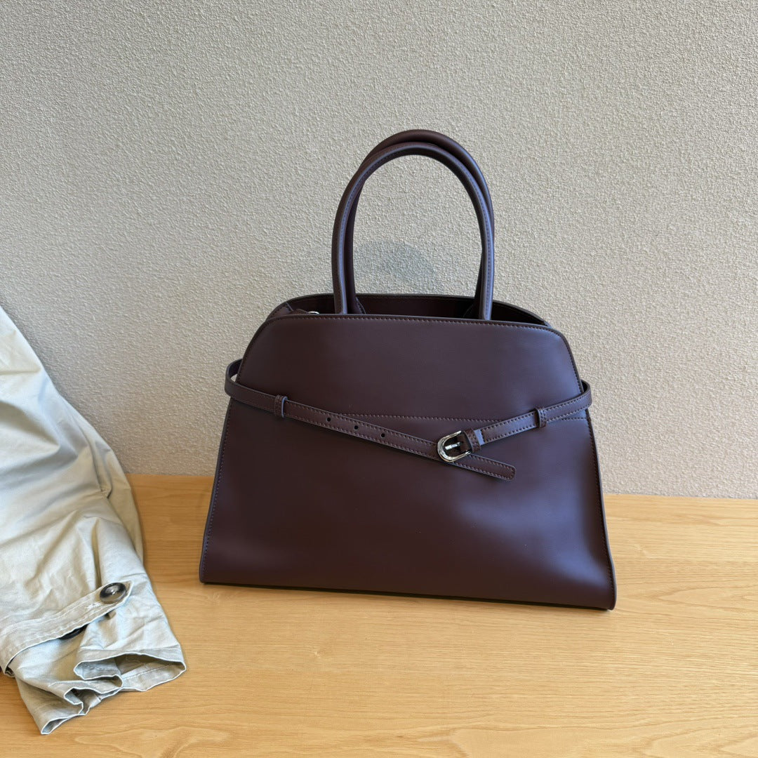 头层牛皮皮带装饰托特包大容量单肩手提包高级慵懒感马鞍包包女