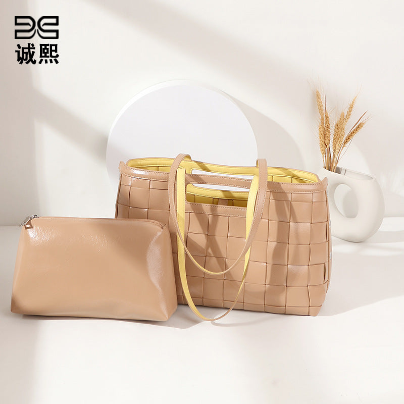 外贸跨境批发包包女手工编织高级时尚PU镂空简约撞色大容量托特包