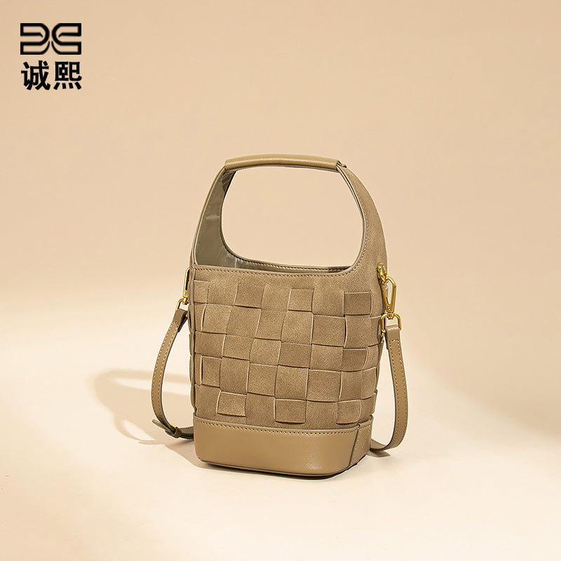 复古小众手工编织包磨砂麂皮绒手拎水桶包拼色子母包单肩斜挎女包