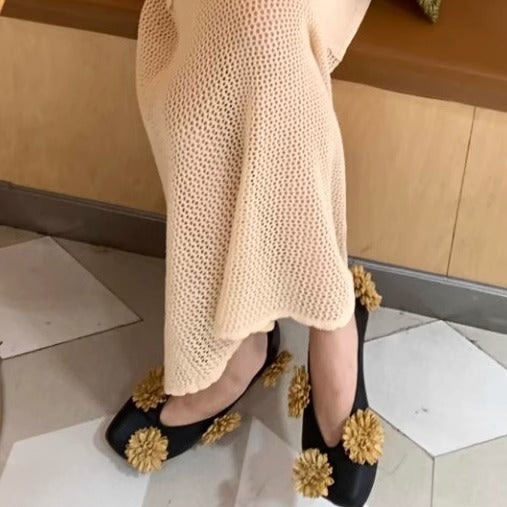 现货欧美2025新款同款小众设计花朵平底鞋女浅口平底单鞋奶奶鞋