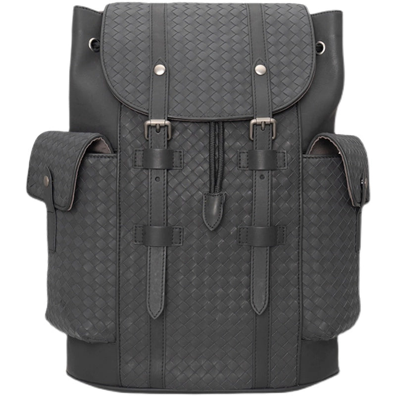 X&BV男士双肩包真皮休闲商务编织旅行包大容量书包电脑包潮男背包