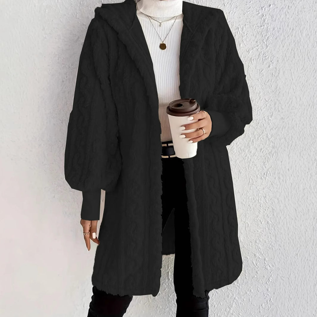 速卖通 Wish ebay2025秋冬欧美女装纯色长袖连帽宽松毛绒绒外套女