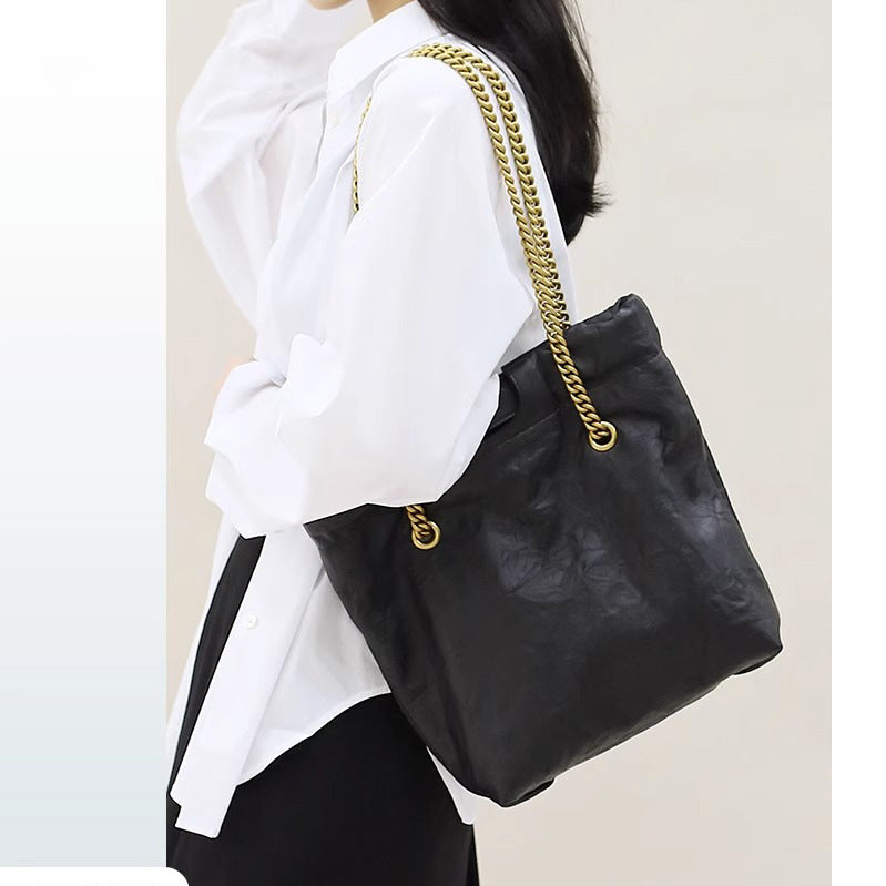 ins风慵懒随性手抓纹头层植鞣牛皮 链条单肩托特大包高质感垃圾袋