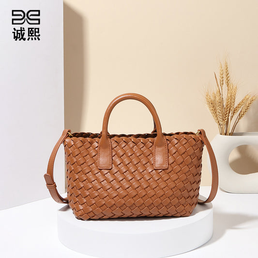 欧美大容量通勤包女简约休闲手提包时尚手工编织包潮流单肩斜挎包