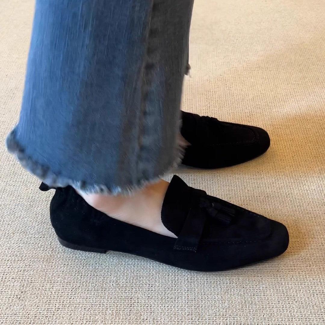 打版中复古小众设计感纯色平跟女鞋方头真皮百搭奶奶鞋流苏女单鞋