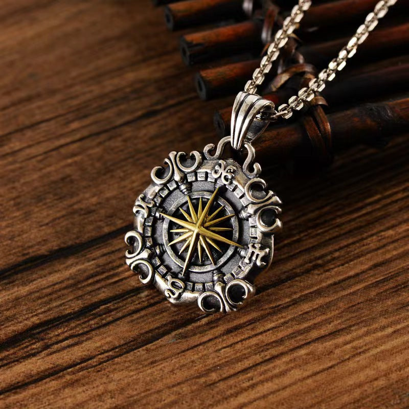 男士钛钢项链复古星海罗盘吊坠海盗潮牌百搭毛衣链欧美跨境批发新