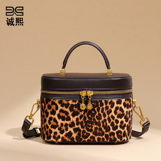 复古真皮马毛手拎化妆盒子包时尚豹纹新款单肩包小众百搭斜挎女包