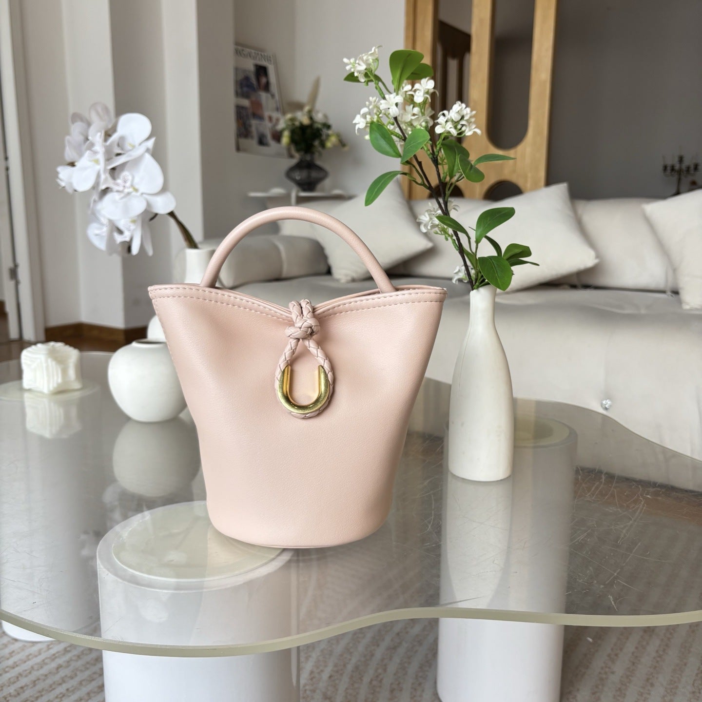 2025新款跨境编织绳结水桶包真皮手拎菜篮子包单肩斜挎小包包女