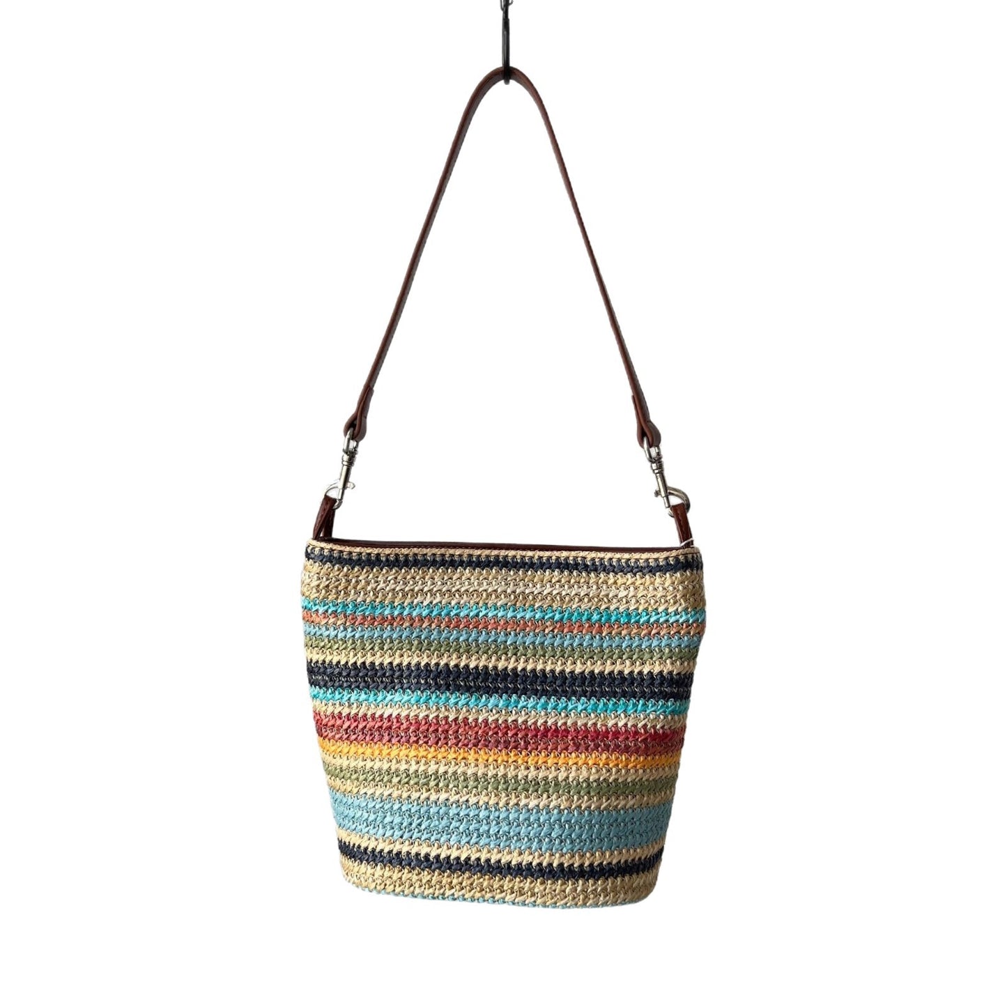 好品质~牛皮配拉菲草编织水桶包时尚百搭彩虹单肩包轻便斜跨女包