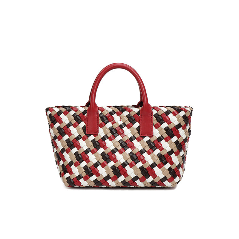 跨境2025新款撞色女士手提包时尚潮流手工编织包高级感单肩斜跨包