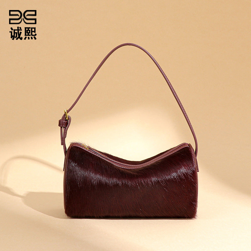 跨境真皮马毛豹纹手提女包高级感百搭单肩腋下包斜跨波士顿枕头包