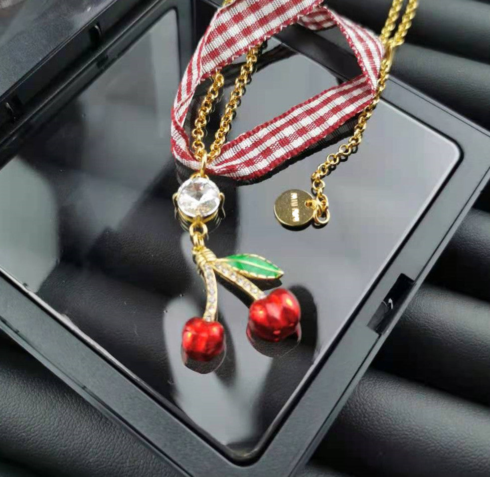 缪家新款项链女草莓樱桃格子丝带绑定可拆卸甜美可爱一款二戴颈链