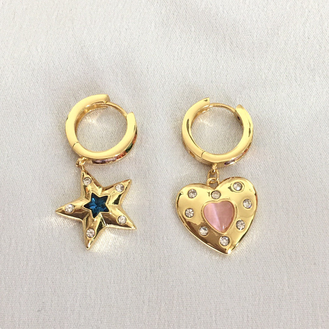 赛林家新款星星爱心耳环女高级感个性气质不对称彩钻猫眼心形耳饰