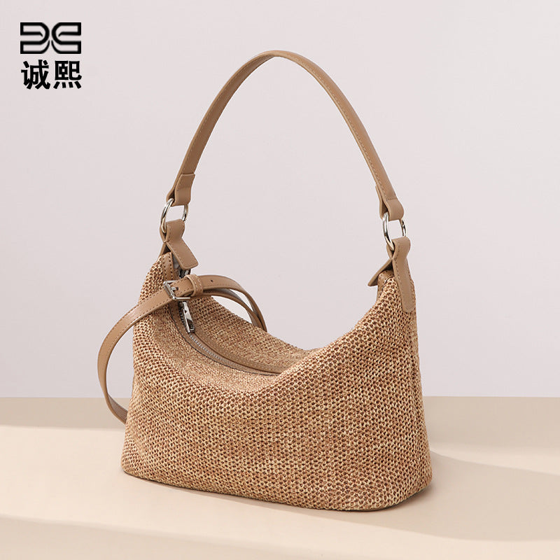 简约时尚拉菲草手提饭盒包清新百搭编织女包通勤大容量单肩腋下包