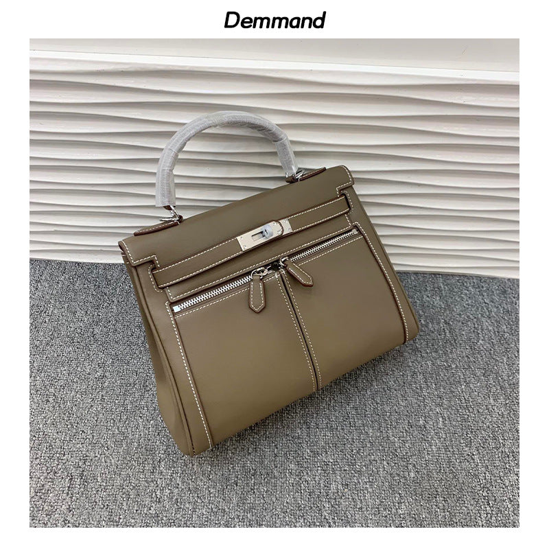 真皮复古双口袋凯莉包包女高级感大容量手提包百搭通勤单肩斜挎包