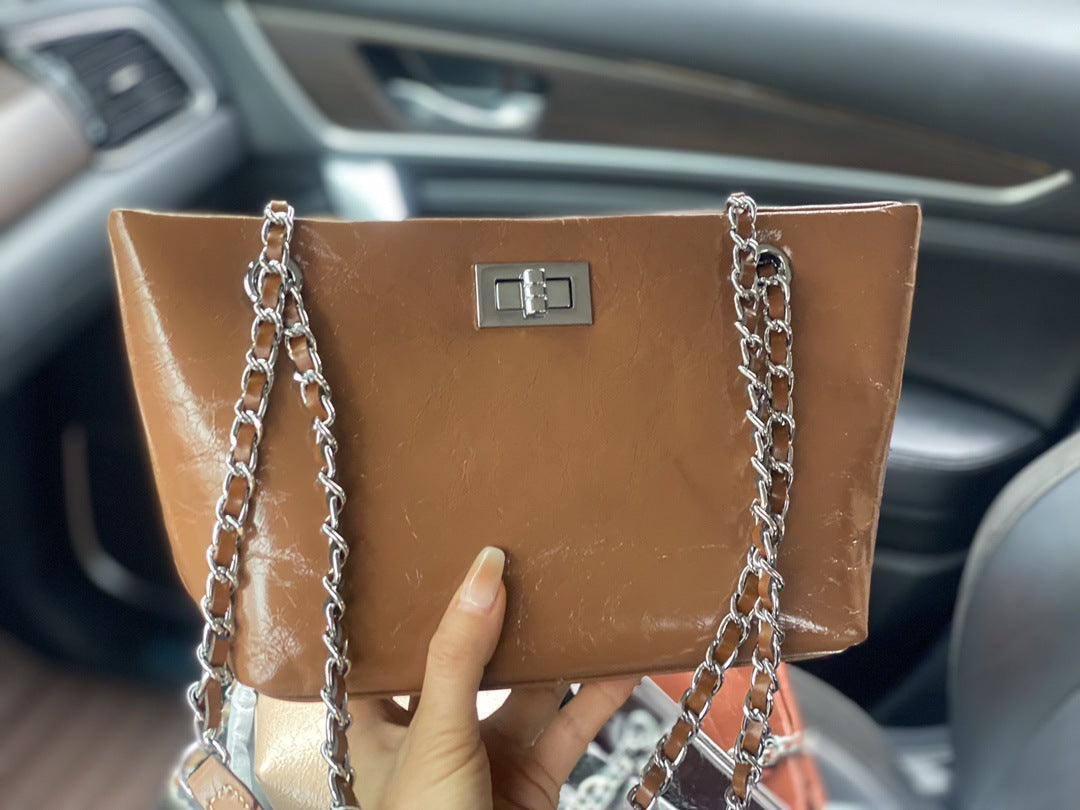 新款爆裂纹头层牛皮小香风链条女包杨树林流浪包单肩斜挎包女潮包