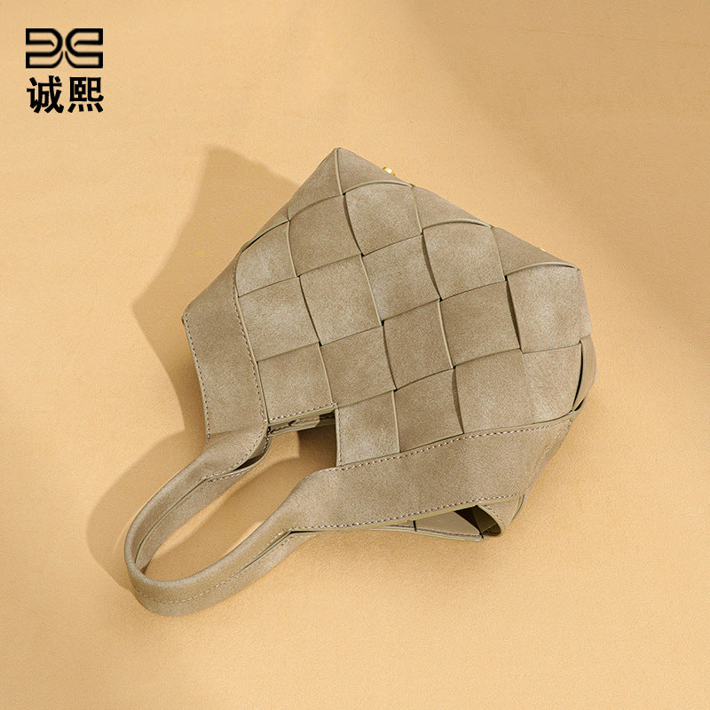 时尚磨砂高级感手拎单肩女包小众手工编织包包简约潮流子母斜挎包