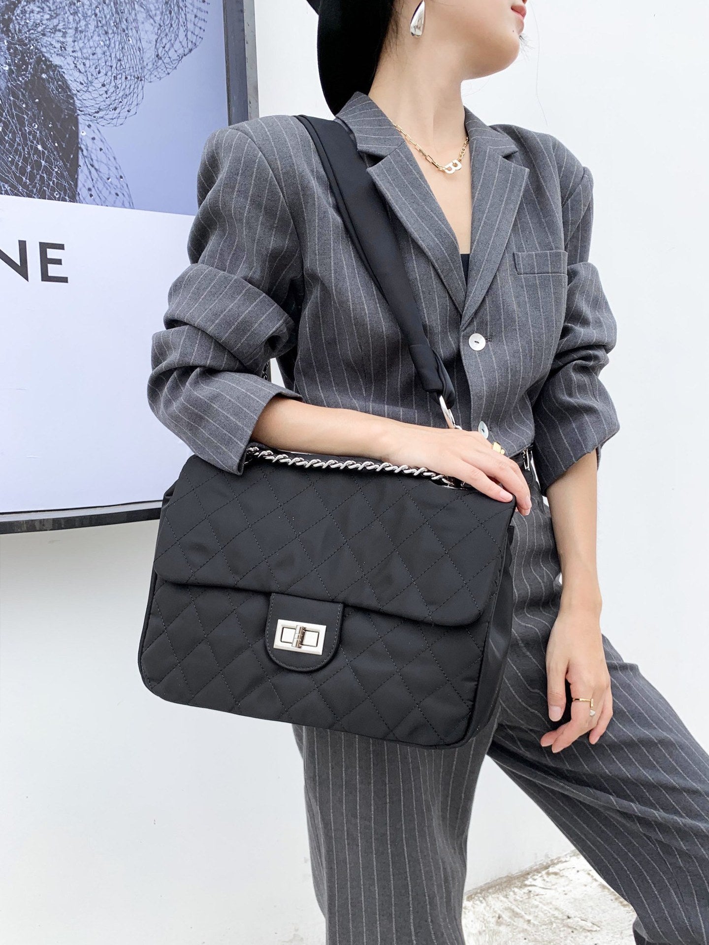 菱格链条包包高级感女包百搭帆布包大容量单肩包小香风休闲复古包