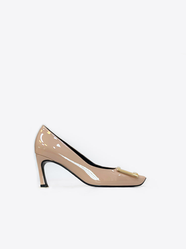 2026早春新款rv漆皮方扣高跟鞋职场通勤ol浅口牛皮单鞋女一件代发