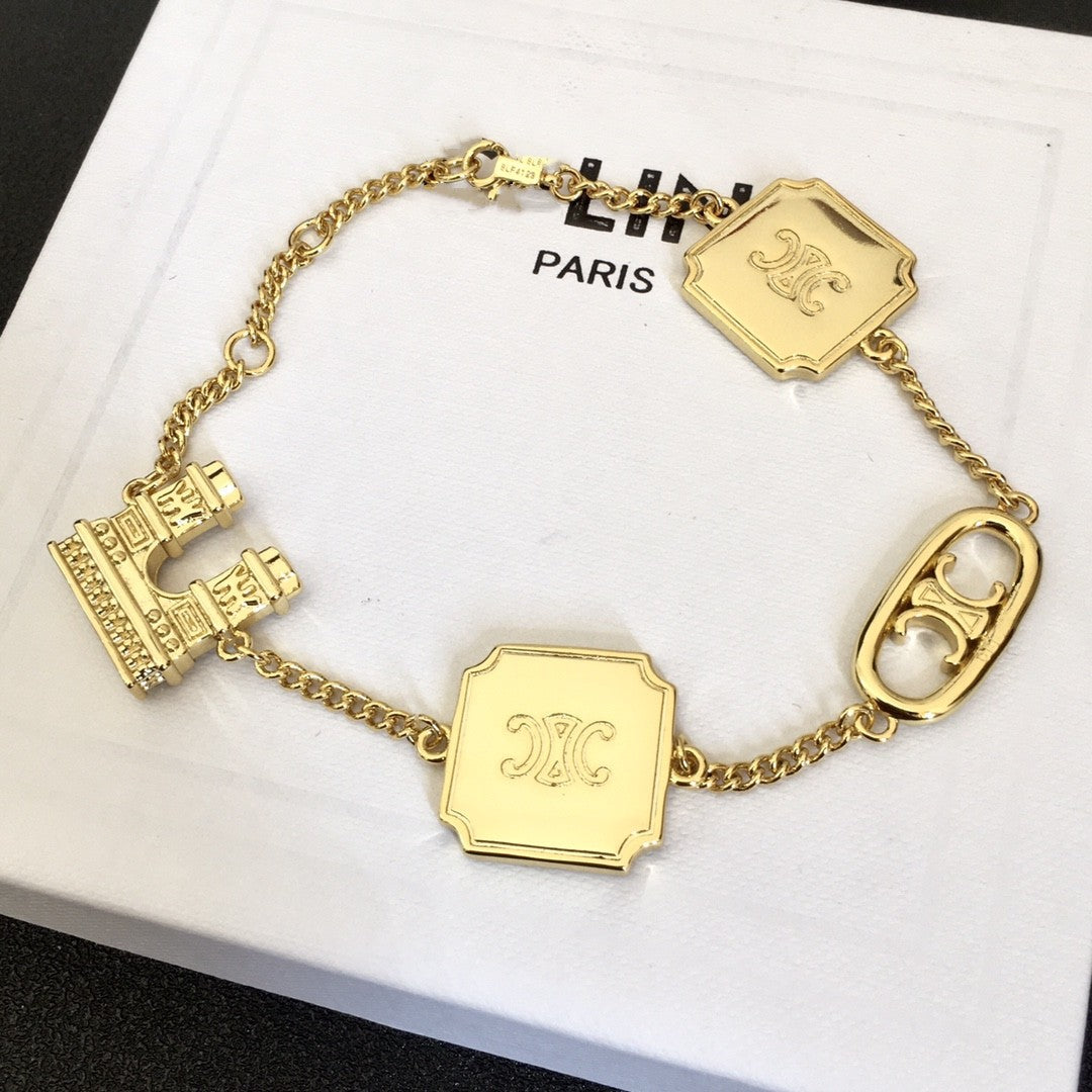 赛家新款项链手链立体凯旋门浮雕牌高级中古Vintag粗链条项链手链