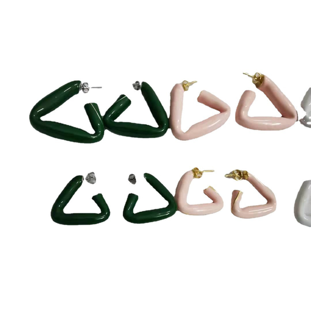 BV家21新款三角几何形珐琅耳钉女高级感重工不规则银针滴釉耳环