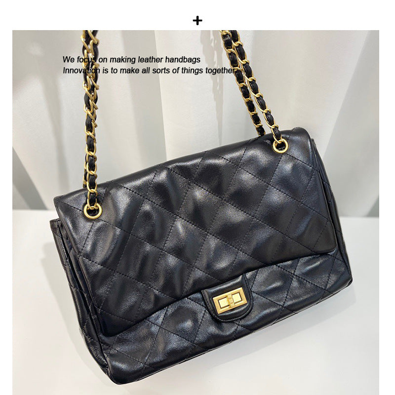 头层牛皮小香风菱格链条包大容量托特真皮女包时尚单肩斜挎流浪包