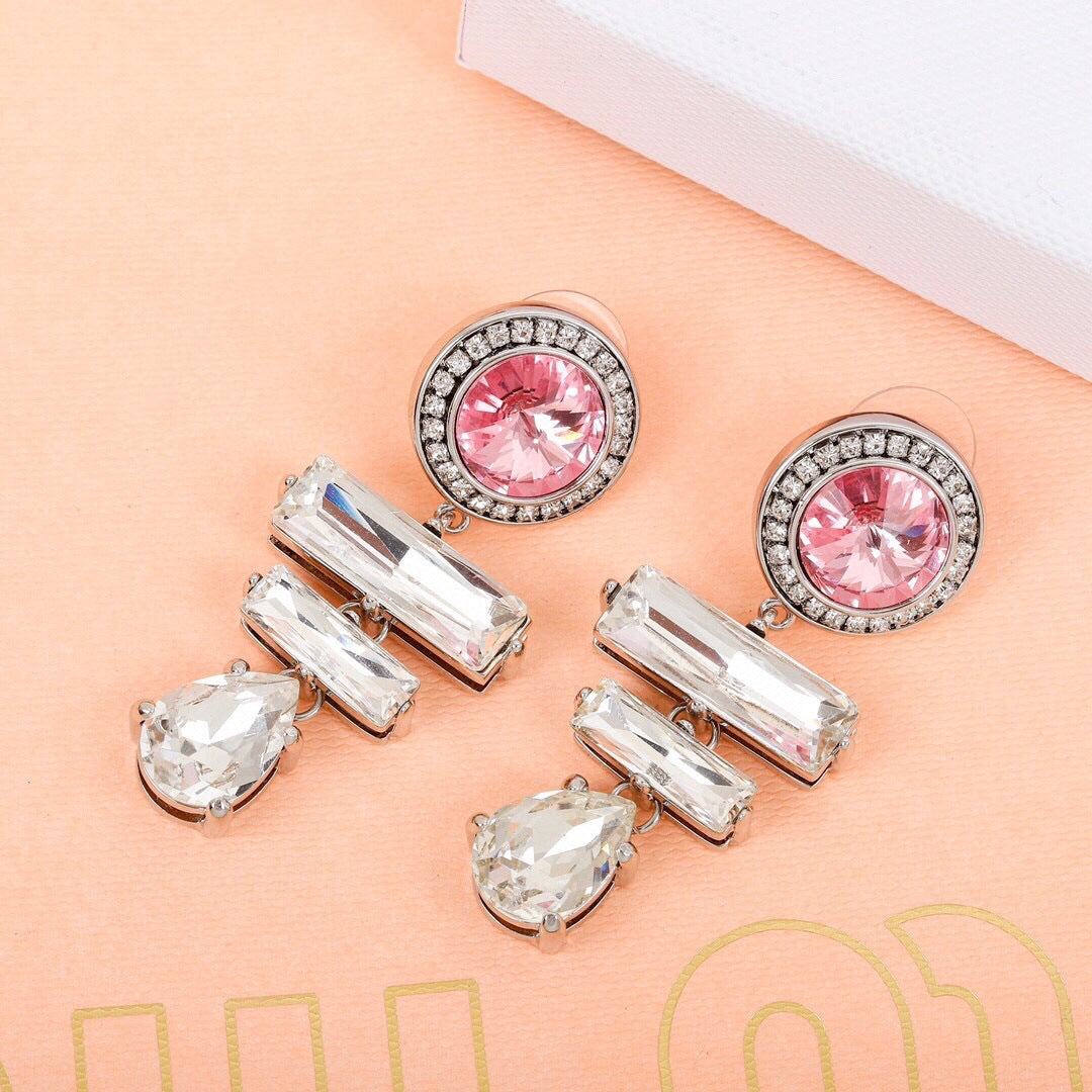 缪家新款粉色水晶耳坠欧美法式水晶钻石长款水滴个性耳环耳坠女