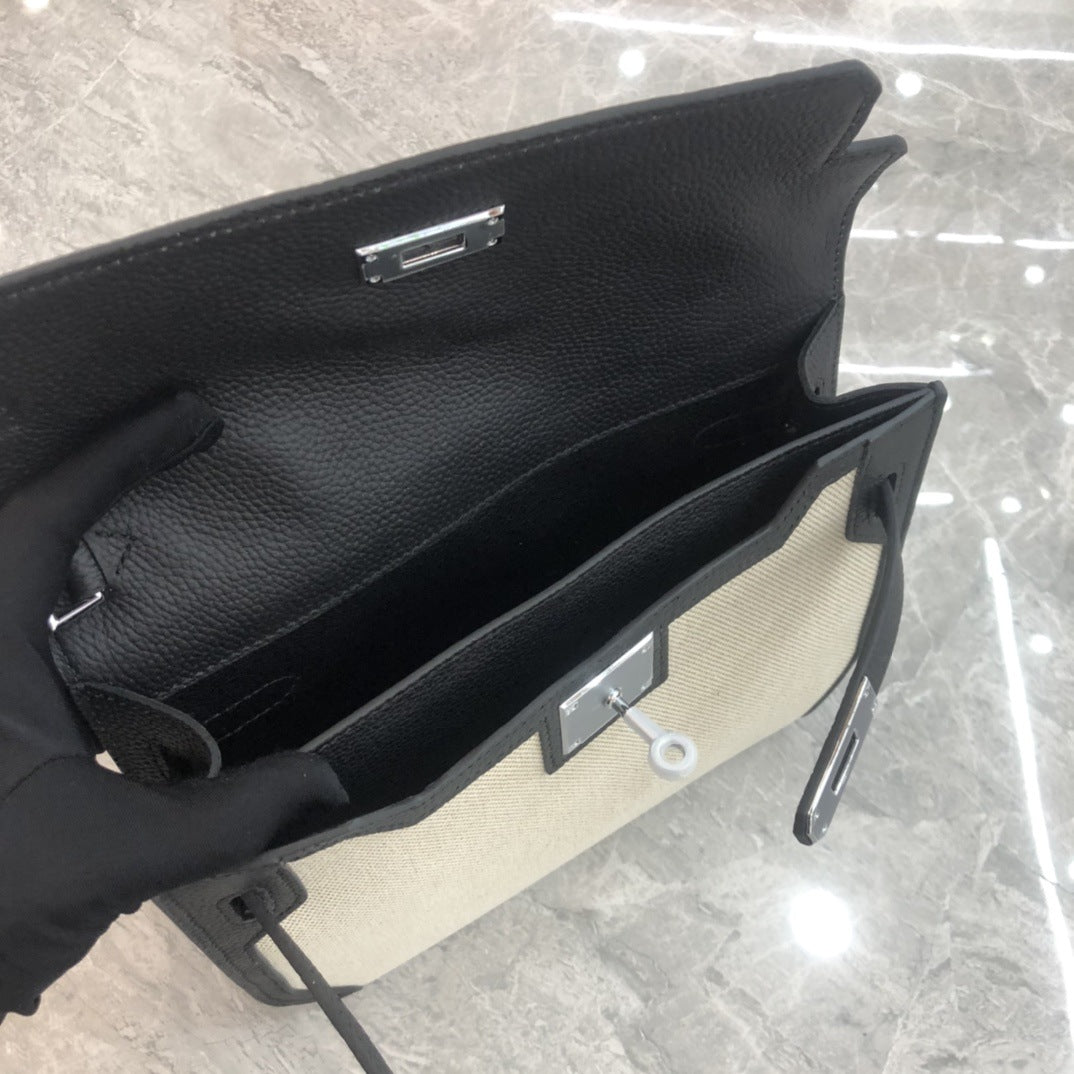 欧美时尚帆布配牛皮凯莉包2024秋冬新款单肩斜挎撞色气质小方包女