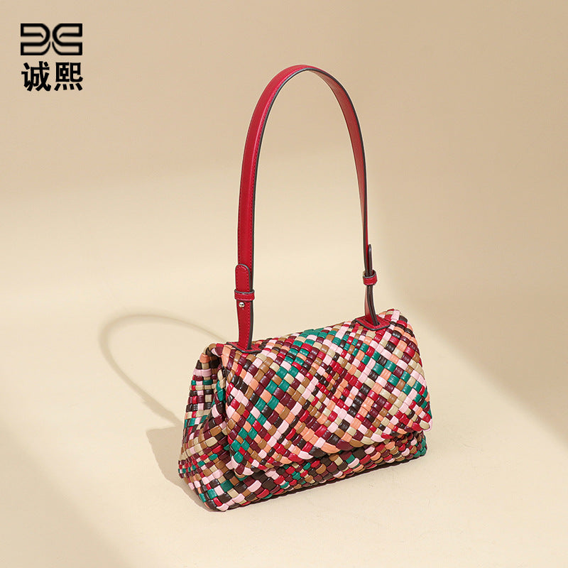 欧美新款彩色手工编织女包个性潮流单肩腋下包小众百搭子母斜跨包