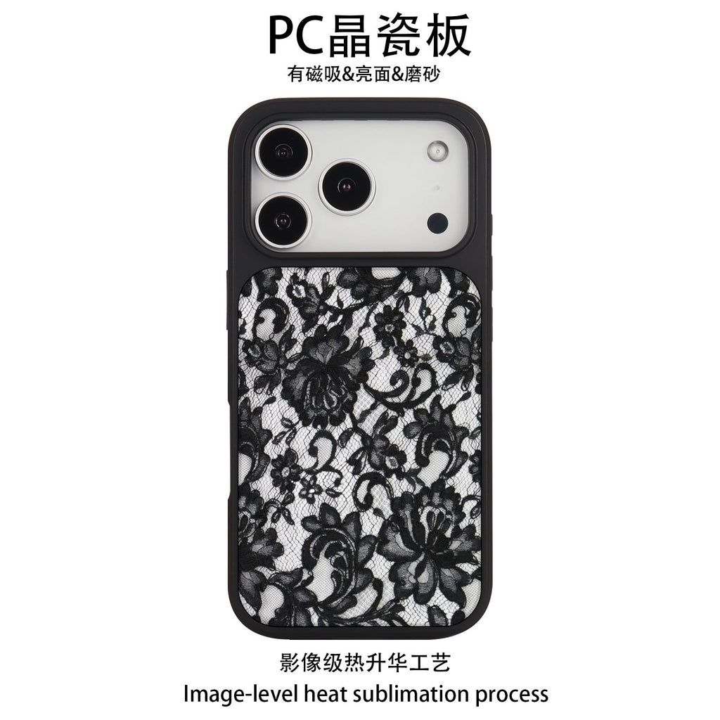 外贸蕾丝花纹适用苹果16pro晶瓷手机壳iPhone17亚克力PC磨砂防摔