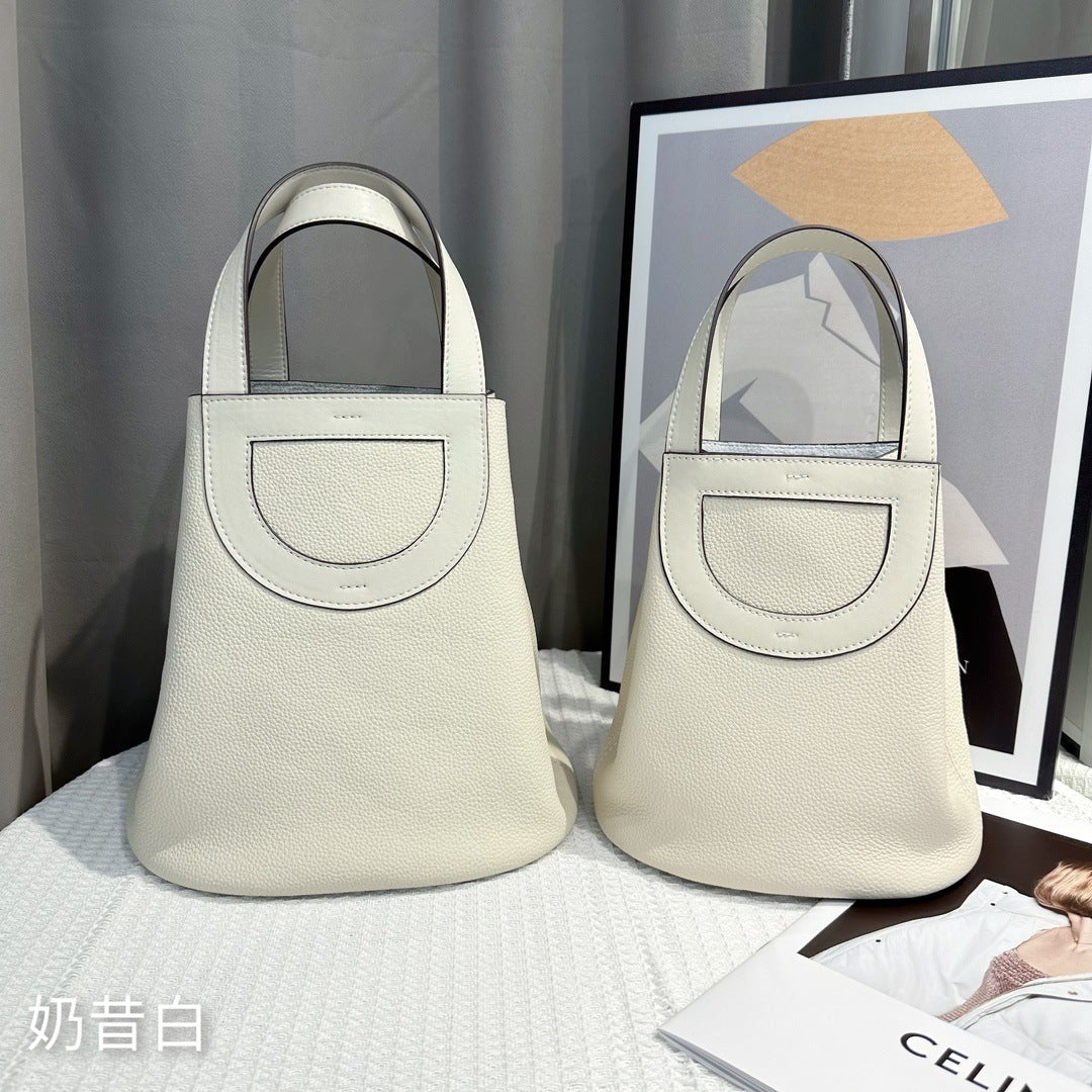 头层牛皮菜篮子手提包宽肩带包包女包高级简约百搭感单肩斜挎包