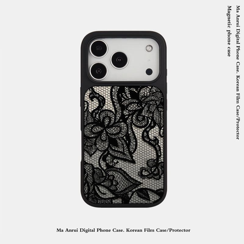 外贸蕾丝花纹适用苹果16pro晶瓷手机壳iPhone17亚克力PC磨砂防摔