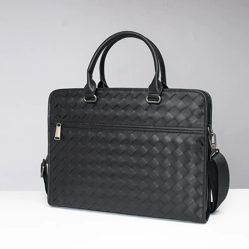 X&BV公文包男真皮横款大容量编织商务单肩斜挎包男休闲男士手提包