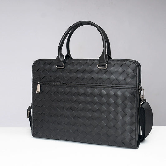 X&BV公文包男真皮横款大容量编织商务单肩斜挎包男休闲男士手提包