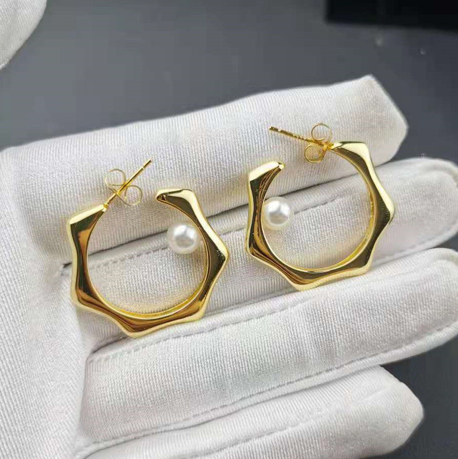 赛家新款不规则圆圈耳圈法式复古气质耳钉单珠耳饰几何珍珠耳环