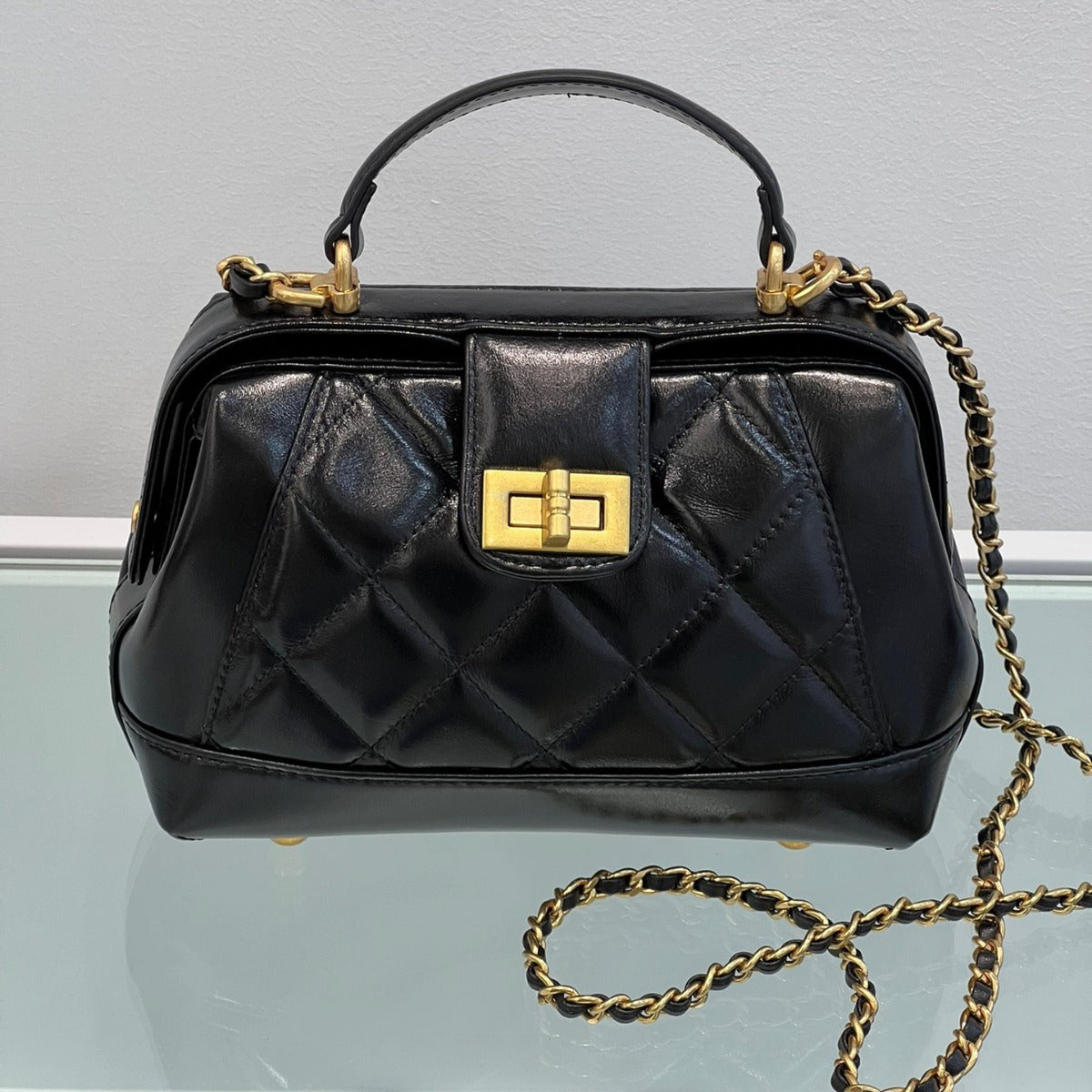 小香风菱格链条包油蜡头层牛皮复古斜挎包小包通勤夹子医生手提包