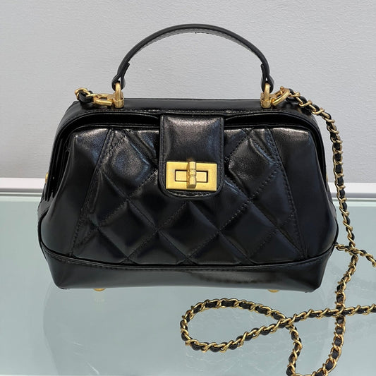 小香风菱格链条包油蜡头层牛皮复古斜挎包小包通勤夹子医生手提包