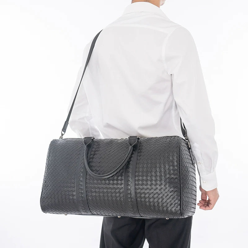 X&BV男士手提旅行包真皮大容量商务编织单肩斜挎包健身短途行李包