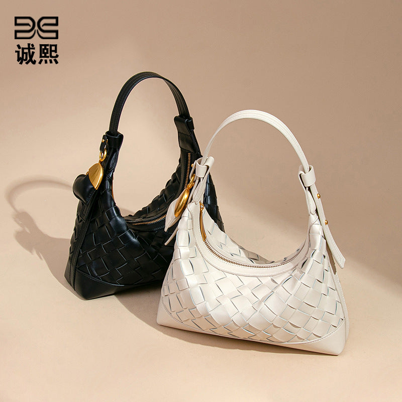 2025新款泡芙手工编织包包女大容量休闲手提饭盒包软皮单肩斜跨包