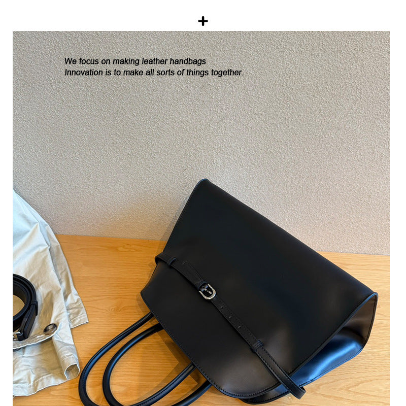 头层牛皮皮带装饰托特包大容量单肩手提包高级慵懒感马鞍包包女