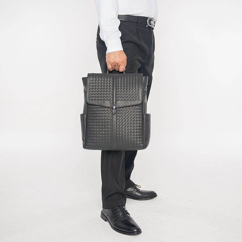 X&BV男士双肩包真皮大容量商务休闲电脑编织背包时尚潮流翻盖书包