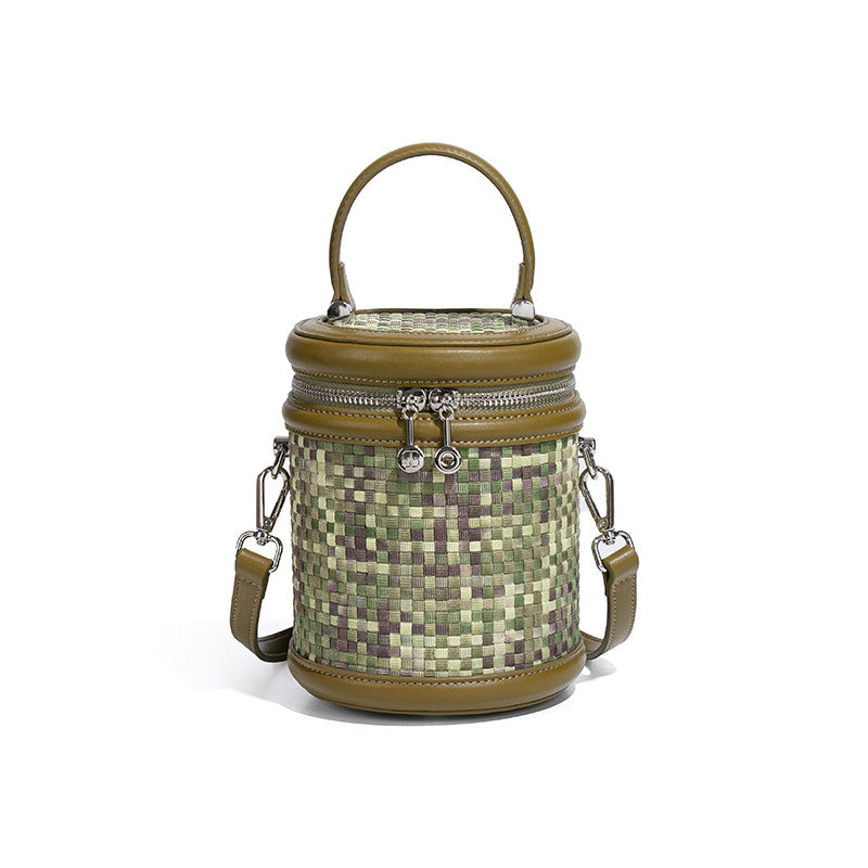 手提水桶包包女撞色新品潮流编织包单肩斜跨化妆包小众百搭圆筒包