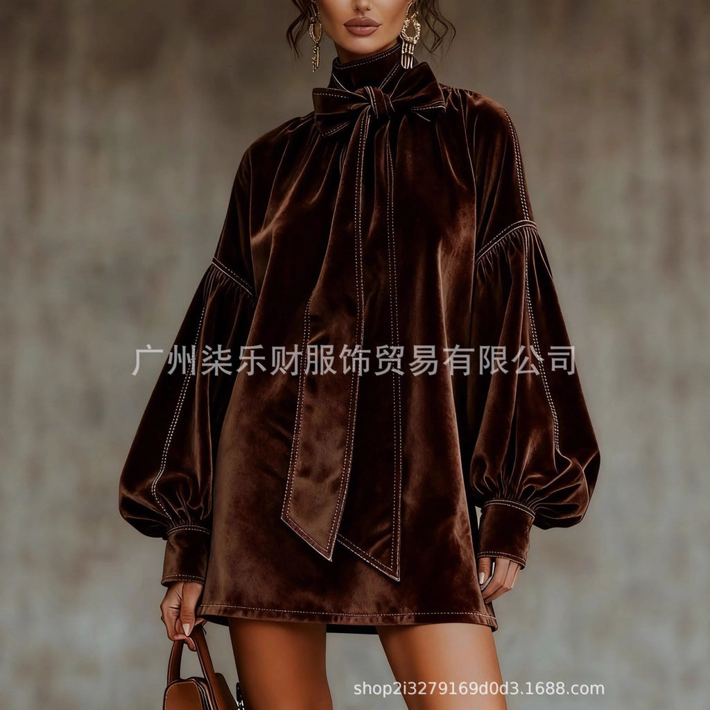 亚马逊独立站2025跨境新款欧美礼服法式丝绒蝴蝶结灯笼袖连衣裙女