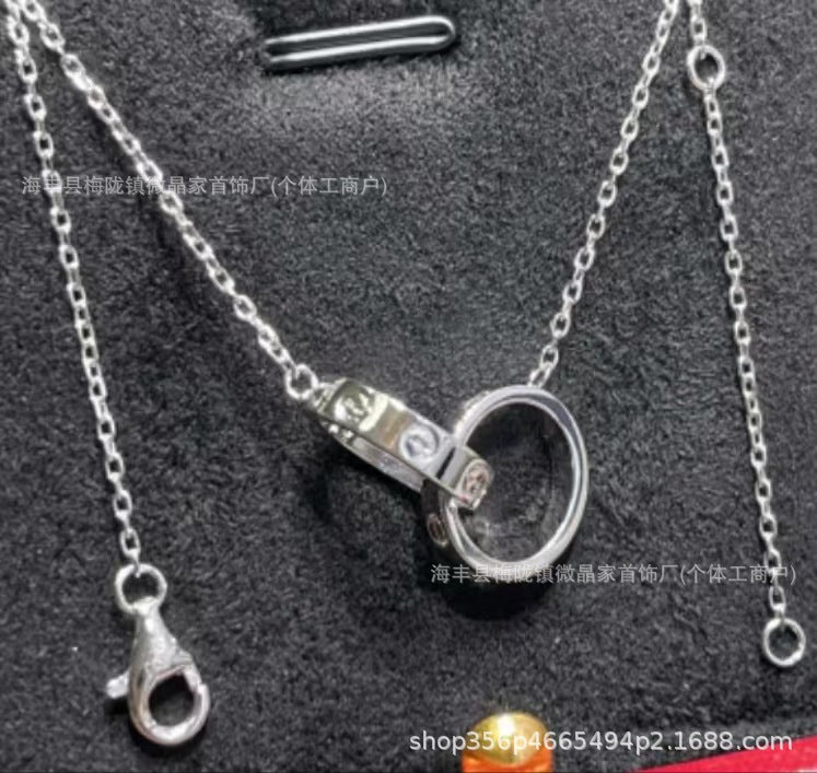 卡家高版本双环带钻项链S925银镀18K玫瑰金项链CNC精工厂家直销