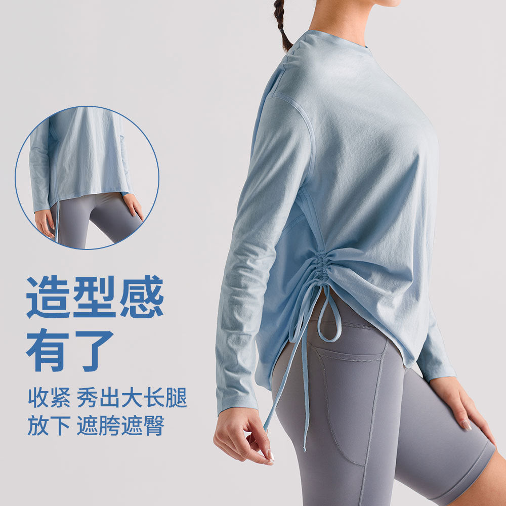宽松抽绳运动上衣女透气速干健身T恤防晒跑步瑜伽服长袖休闲罩衫